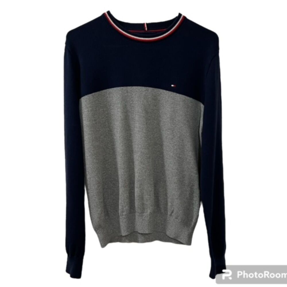 Tommy Hilfiger Mens Navy Gray Colorblock Cotton Crewneck Sweater Size M